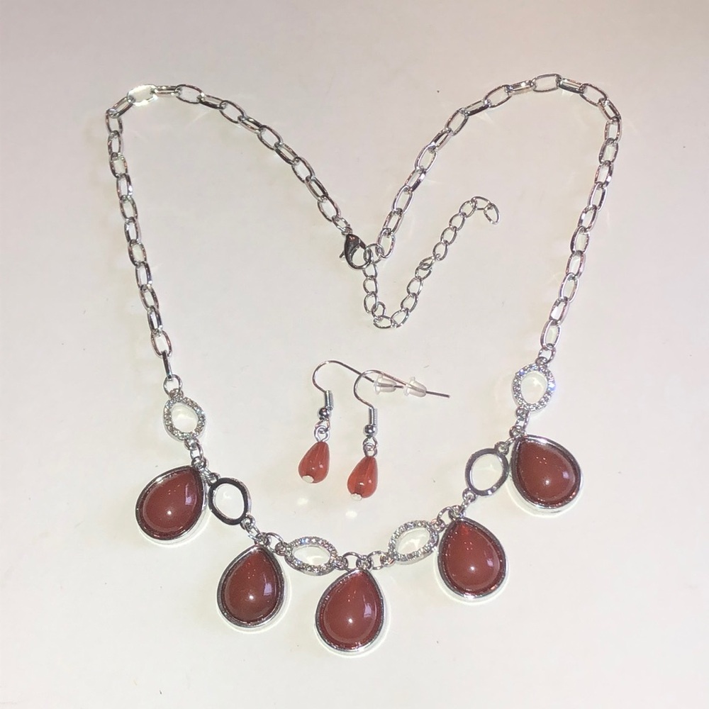 Silver Tone Necklace and Drop Earrings Set with Brown Teardrop Faux Stones